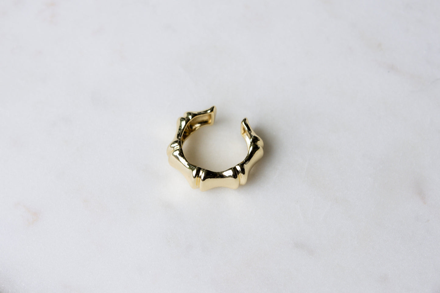 Thick bamboo ring modeled flat against a white background, showing its bold style.