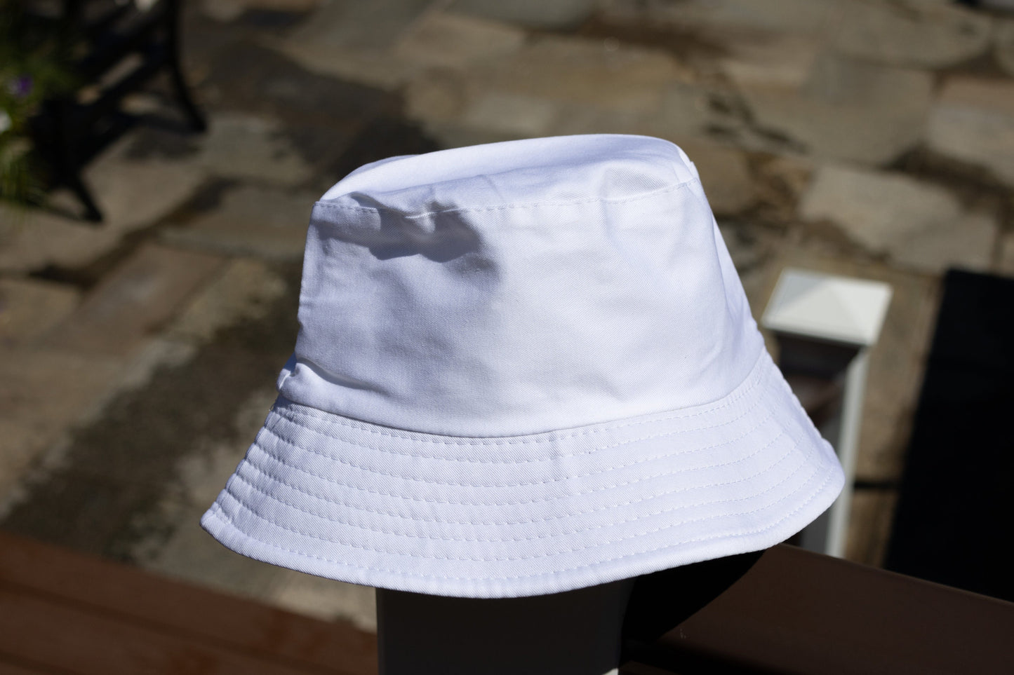 Back view of a bride bucket hat, modeled with plain fabric and soft brim, showcasing a comfortable fit