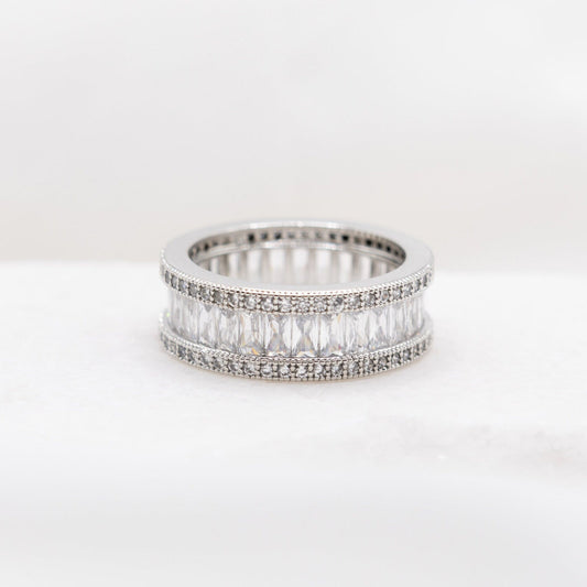 Close-up angle of the Rectangle Diamond CZ Eternity Band Ring, capturing the brilliance of the cubic zirconia stones against a clean white backdrop